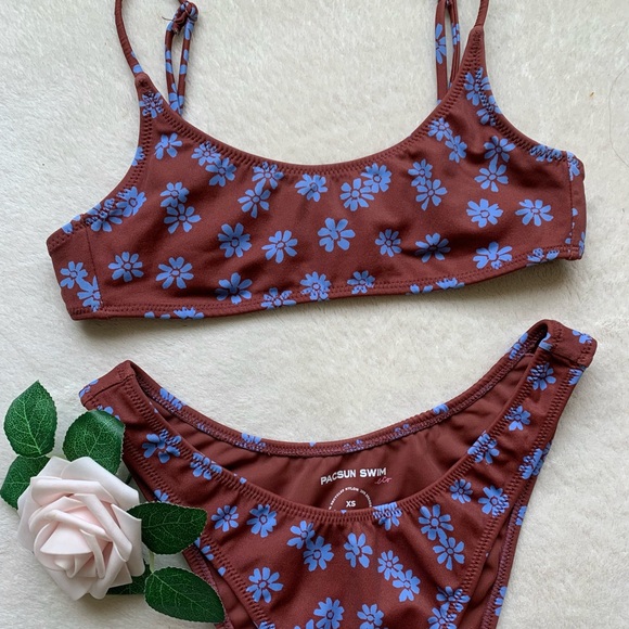 Pacsun Eco Brown & Blue California Scoop High Cut Bikini - Picture 3 of 11